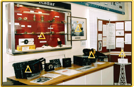 Radar Display including a Chain Home Transmitter Tower, an early cavity magnetron, airborne D/F loop and a Blue Parrot Airborne Display Unit.