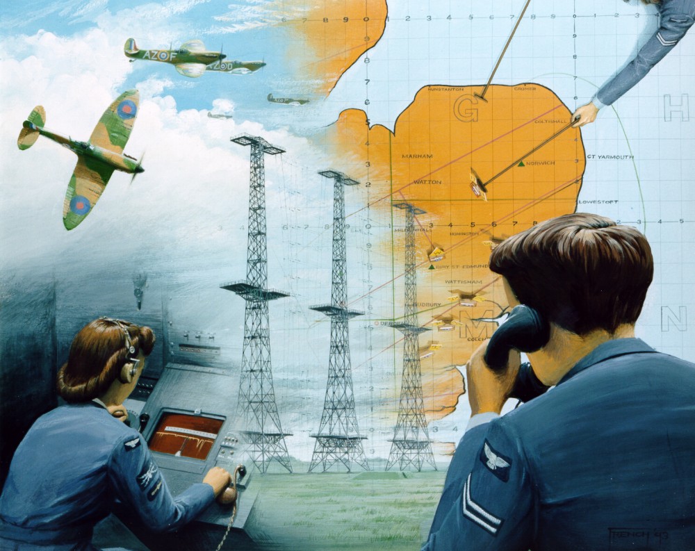 Enlarged view of the painting depicting the WWII 'Chain Home Radar' system